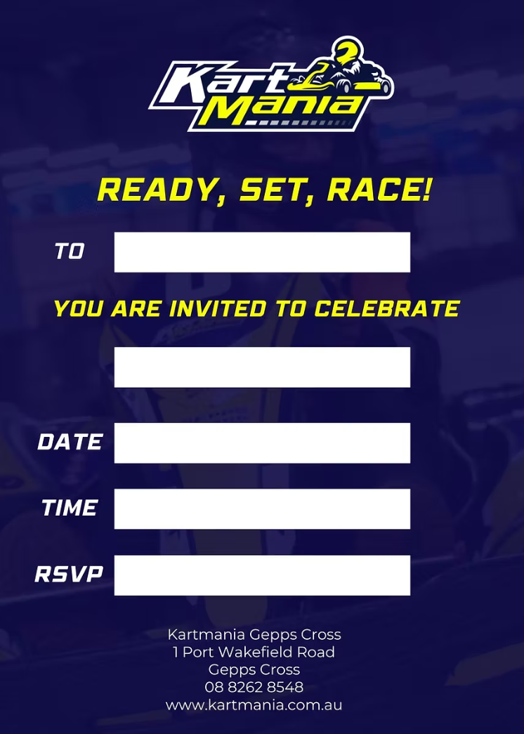 Kartmania party invitation design 1