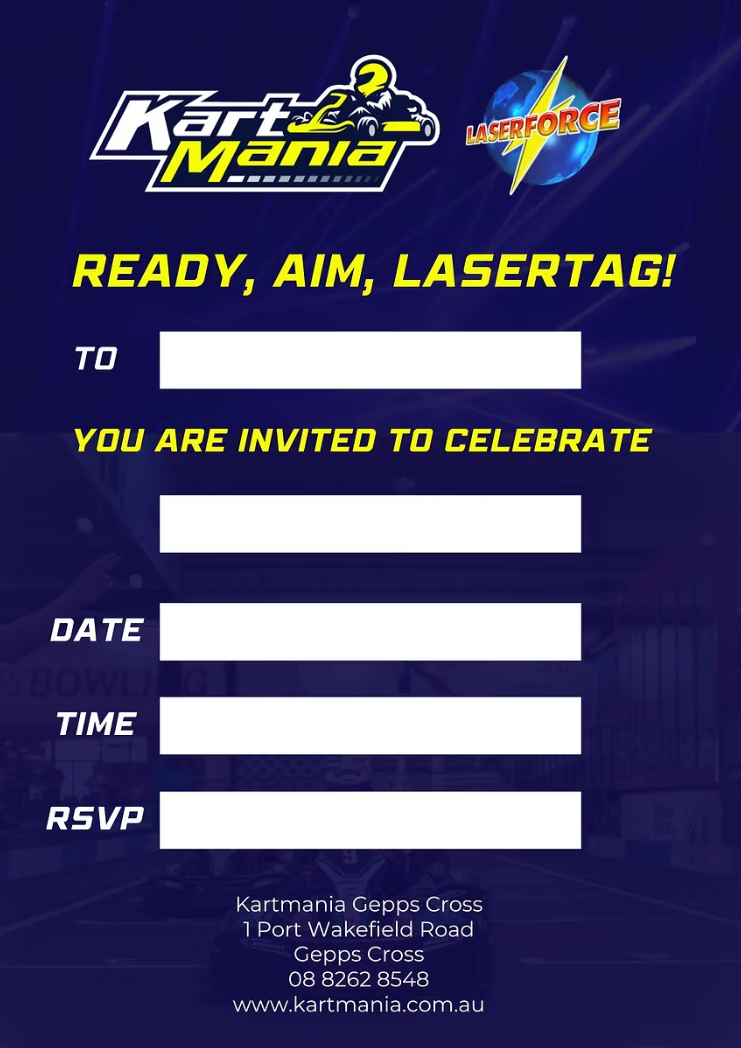 Kartmania party invitation design 2