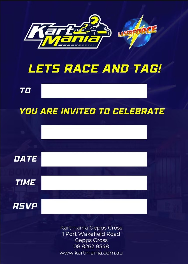 Kartmania party invitation design 3