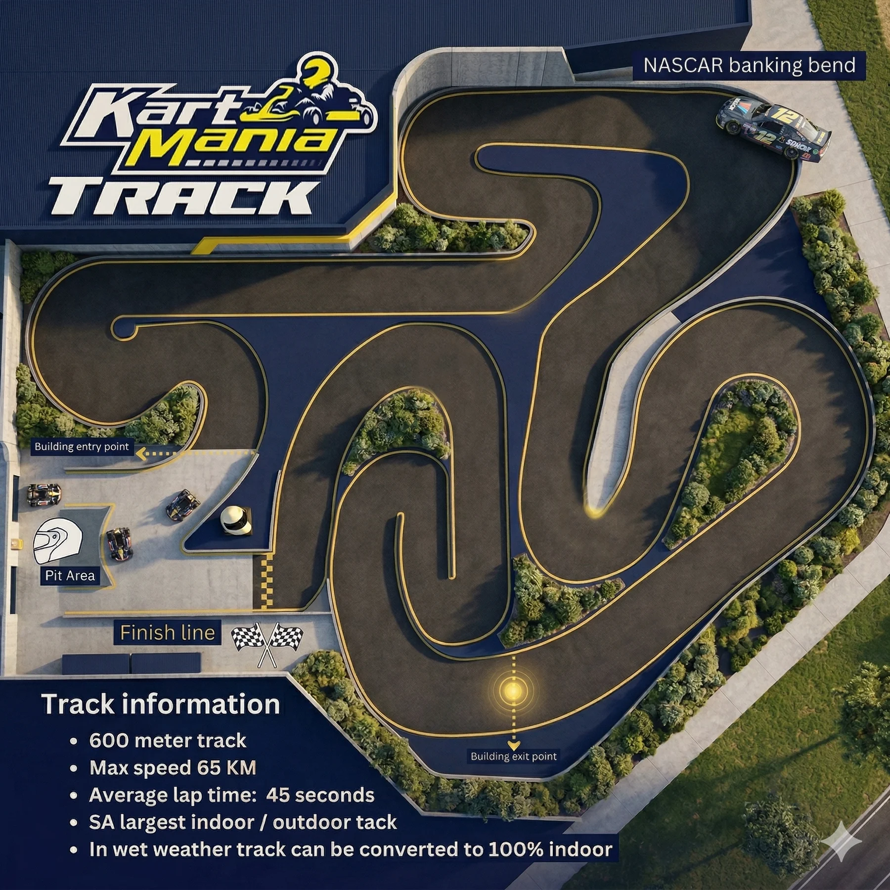 Kartmania track map — 600m circuit with hotspots